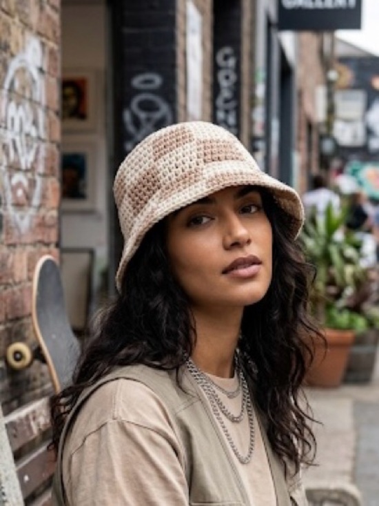 Rubi Accessories - RUBI Kelly Crochet Bucket Hat Natural Checkerboard, Boho, Streetwear, Retro